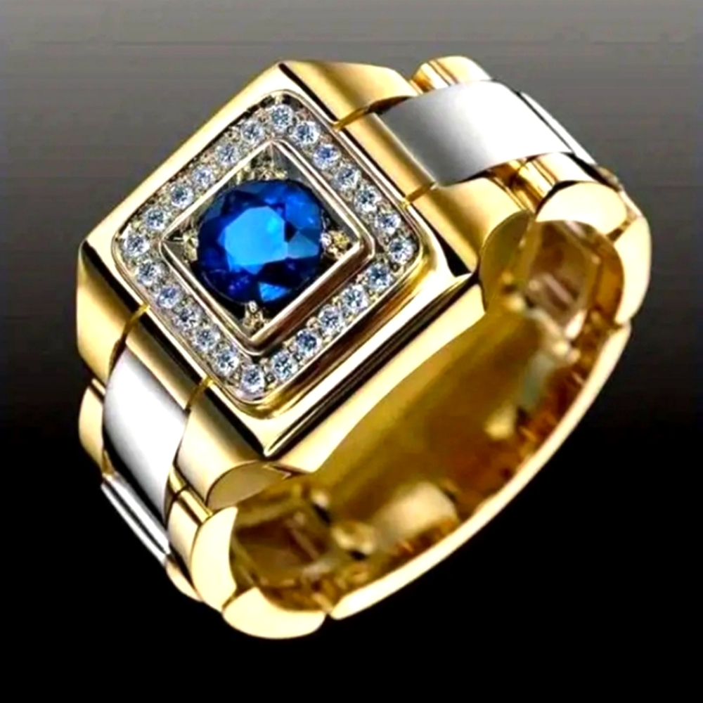 Men's luxury Copper wedding ring inlaid with blue gemstone. Plated Gold . Hupoal